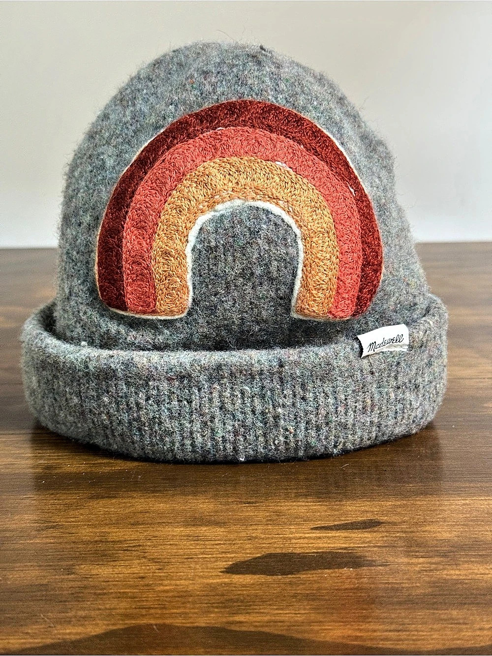 Rare Wool Madewell Infant 6-12m Beanie Gray with Embroidered Rainbow